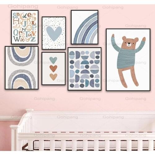 Canvas Painting Rainbow Heart Bear Alphabet Boho Wall Art Posters and Prints Nordic Wall Pictures Baby Bedroom Child Room Decor