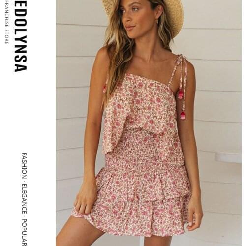 Ditsy Floral Crop Tank Top and Ruffle Trim Shirred Skirt Set 2 Piece Set Women Summer Boho Contrast Binding Two Piece Sets Y123