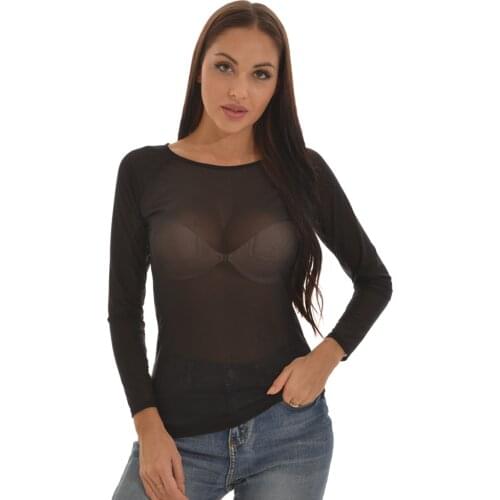 Summer Autumn Womens Black Sexy Tops Slim See Through Fashion Clubwear T Shirt Long Sleeve Transparent Femme Oversized Costume