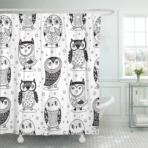Cute Owls and Stars in Contour Black White Coloring Shower Curtain Waterproof Polyester Fabric 60 x 72 Inches Set with Hooks