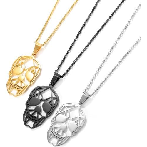 Gothic Hollow Skull Pendants Mens Necklaces Punk Black Stainless Steel Hip Hop Jewelry Aesthetic Accessories Necklace Wholesale
