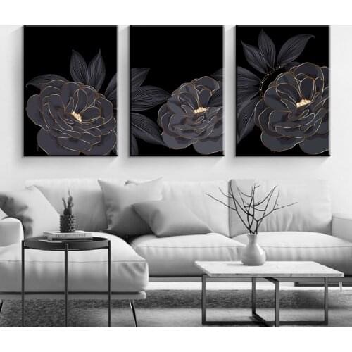 Wall Art Nordic Luxury Plant Canvas Prints Home Decor Modern Abstrac Black Gold Big Flower and Leaf Pictures For Living Room