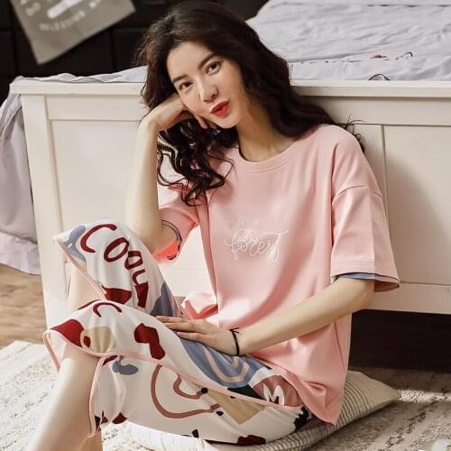 New Summer Pajamas Sets Women Sweet Casual O-neck Shorts Sleepwear Nightgowns 100% Cotton High Quality Home Clothes