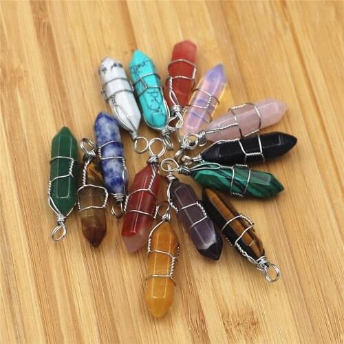 Natural Amethysts Pillar Shape Winding Necklace Pendant Making Tigers Eye Stone Hexagonal Cylindrical Bullet Pendant