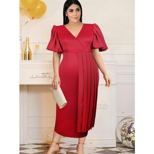 High Waist Midi Dresses Plus Size 4XL Short Lantern Sleeve V Neck Women Summer Birthday Evening Party Robes for Ladies 2021 New