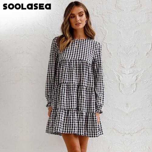 Soolasea Spring Autumn Plaid Dress Robe for Women 2021 New Casual Long Sleeve O-neck Dress Female Sweet Vintage Party Vestidos