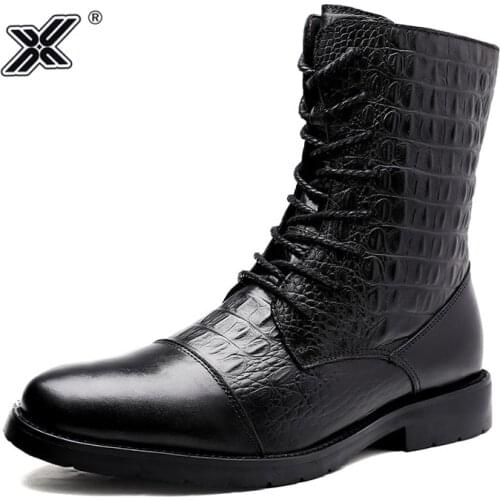 Luxury Designer Genuine Leather Mens Boots Pointed High Boots Man Crocodile Pattern Boots Winter Business Boots Punk Boots Men