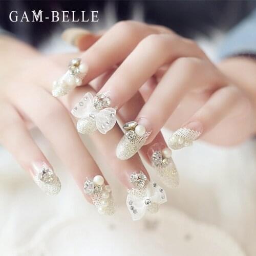 GAM-BELLE Luxury Fake Nails Designer Long Oval French White 3D Lace Bow Designs Press On Nail Art Tips False Nails Manicure Tool