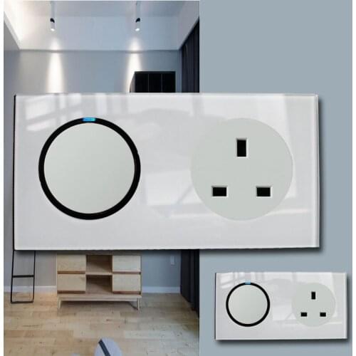 146 Type 1 gang 2 way + UK Socket Crystal Tempered Pure Glass Panel 13a Double Eu Standard Wall Power Socket Grounded white