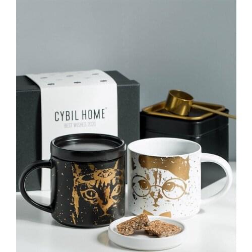 Christmas mug with lid spoon capacity cute cat ceramic coffee cup creative personality breakfast cup flower tea cup gift CL90704