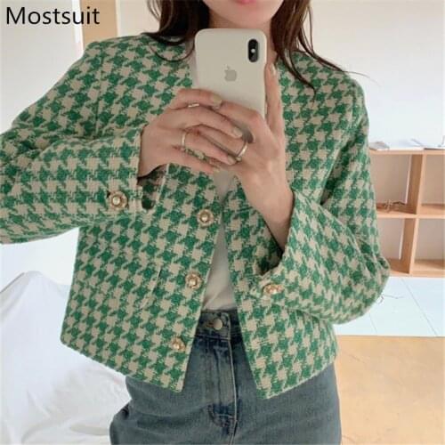 Houndstooth Coat Women Full Sleeve V-neck Single-breasted Jacket Korean Spring Autumn Vintage Elegant Ladies Tops Coat 2021