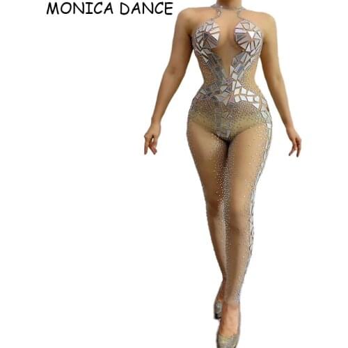 Sexy Stage Silver Rhinestones Mirror Sleeveless Transparent Mesh Jumpsuit Stretch Skinny Singer Stage Wear DJ Nightclub Costume