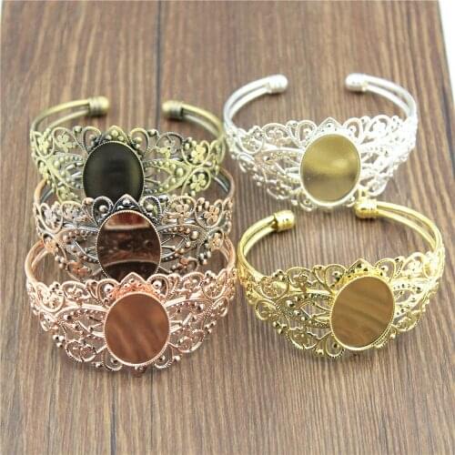 WYSIWYG 1pcs 5 Colors Fit 18x25mm Oval Glass Cabochon Copper Material Sawtooth Lace Adjustable Bangle Base Blank Tray Bezel