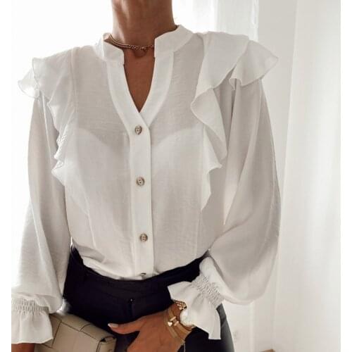 Office White Ruffle Shirt Blouses Spring Autumn Full Sleeve Top For Female Blousa 2021 Elegant Female Button V-Neck Tops Blusas