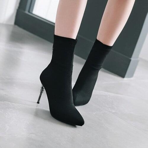 Womens Boots winter new style fashion Flock Solid Pointed zipper Fine heel High heel Short tube Womens shoe plus size 34-43
