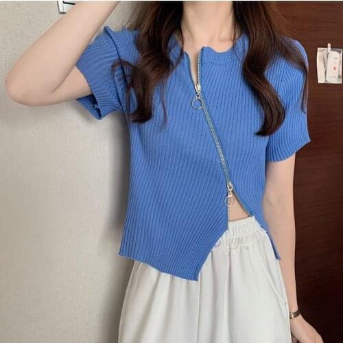 Woman Tshirts Top 2021 Short Summer Short Sleeve Womens Knitted Crop Top Mujer Camisetas