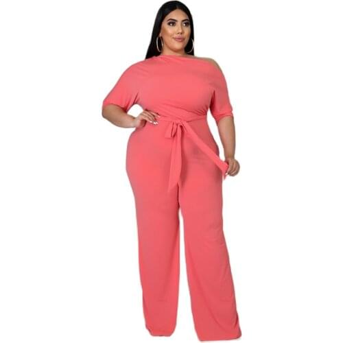Solid Color Long Jumpsuit Women Fashion Lace Up Diagonal Flared Jumpsuit Oblique Collar Short Sleeve High Waist Long Jumpsuits