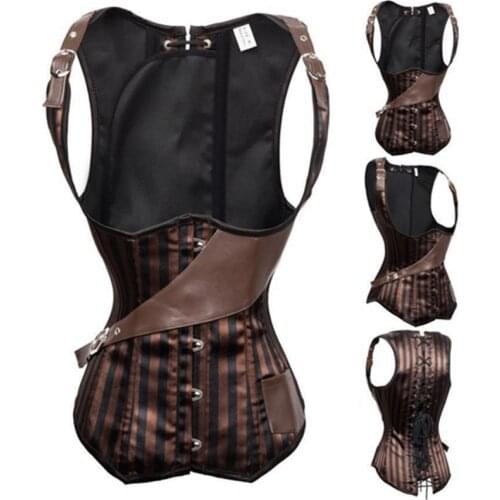 Steel Bone Waist Trainer Corset With Straps Brown Steampunk Corset Women Corselet Underbust
