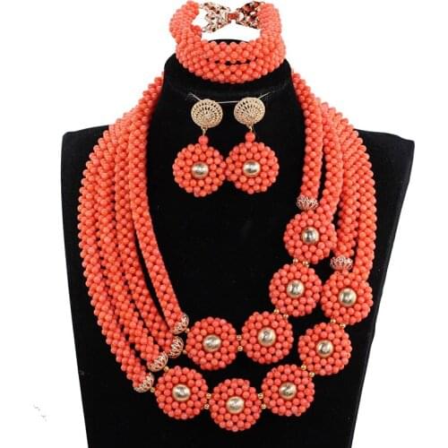 Handmade Coral Braids Costume Jewelry Sets for Women Coral and Gold Wedding African Jewelry Sets Coral Beads CNR735