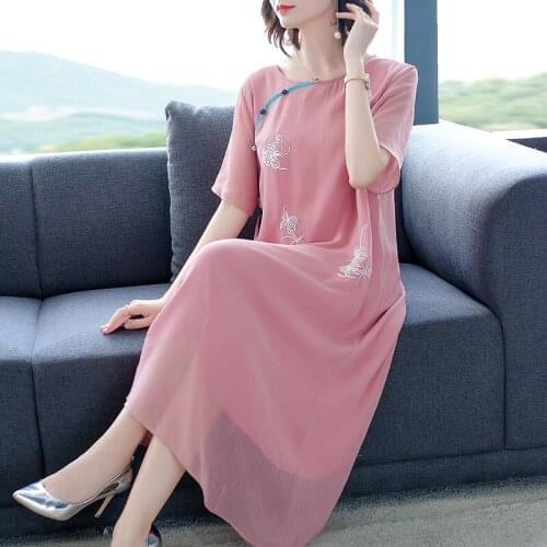 Summer Dresses New 2019 Vintage Folk Embroidery Dresses Women O-Neck Short Sleeve Dress With Mid-Calf Vestidos Plus Size L-4XL