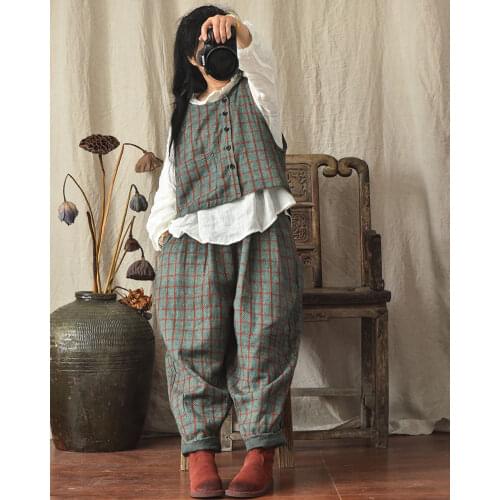 Women Loose Plaid Vests Waistcoat Outerwear Ladies Cotton Linen Vest Female Vintage Plaid Sleeveless Tops Spring Autumn