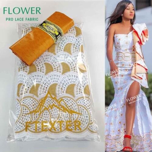 Gold 2.5+2.5 Yards Dry Lace With Bazin Riche Fabric 2021 Africa 100% Cotton Egypt Dry Lace And Embroidered Basin Riche Fabric