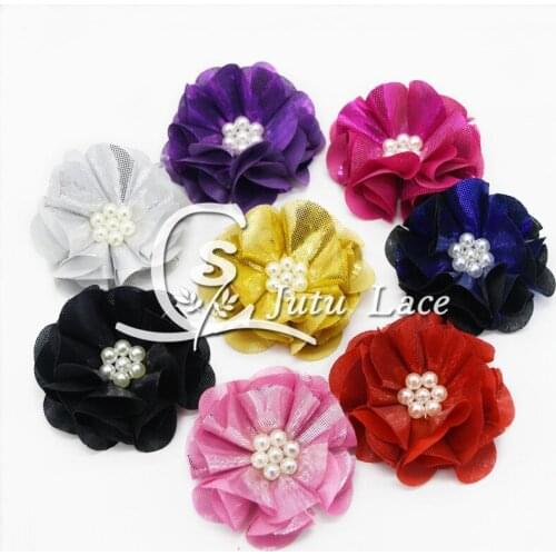 120 pcs/lot , 2.5'' glitter shiny pearl flower , shabby shiny flower with pearl for headband 8 colors