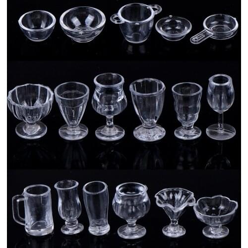 17Pcs/Set 1:12 Dollhouse Cute Mini Transparent DIY Pretend Play Kitchenware Toy Drink Cups Dish Tableware Miniatures