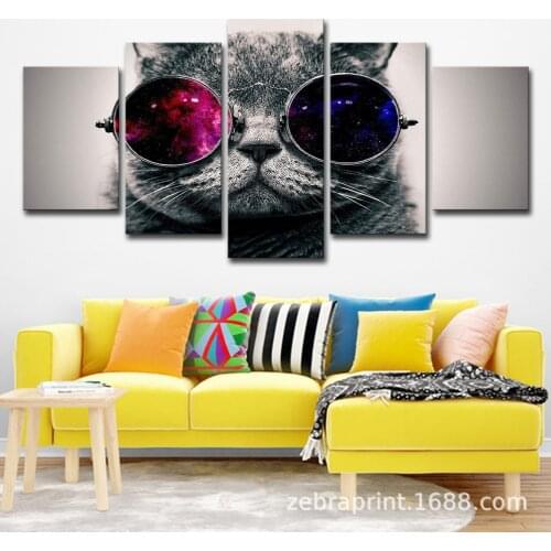 5 Pieces of Decorative Paintings, Cute Animals, Cats, Wearing Sunglasses, Home and Living Room Combinations, Frameless Paintings