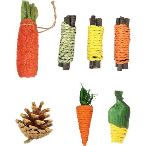 Hay Treat Bunny Chew Toys Loofah Grass Assorted Shape Toy Suitable for Rabbit Squirrel Small Pets Teeth Care 7 Pieces