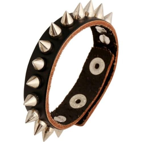 Punk Genuine Leather Cuff Bracelets Slim Leather Silver Plated Alloy Rivet Charm Bracelets & Bangle for Men Jewelry Adjustable