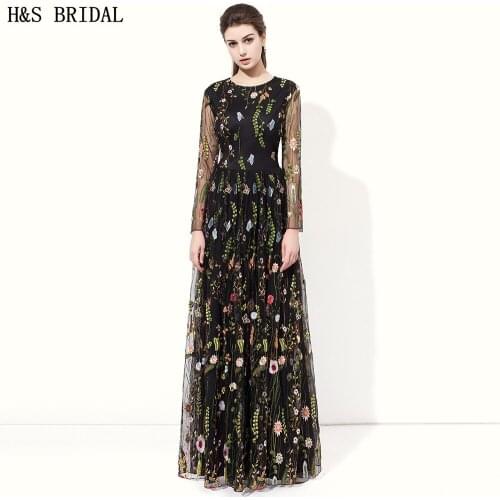 H&S Bridal Black long sleeve prom dresses O Neck Embroidered Lace prom dress robe de mariage muslim evening dress 2020