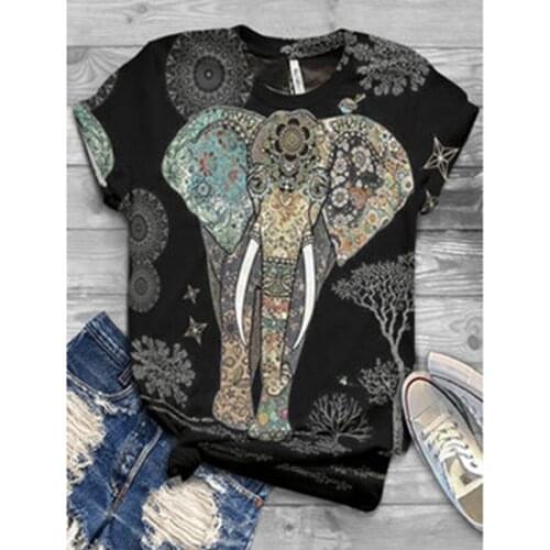 Black Tees Loose Short Sleeve Loose Tshirt Ladies Animal Elephant Printing Casual Short Sleeved Summer T-Shirt Plus Size S-5XL