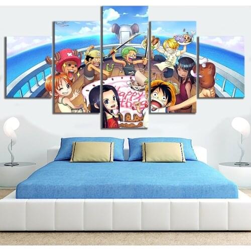 Home Decoration Print Canvas 5 Pieces One Piece Painting Wall Art Animation Poster Modular Picture Frame For Bedside Background