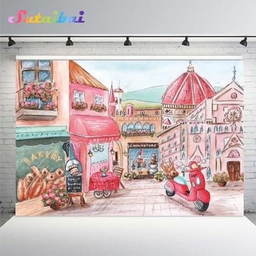 Kids Birthday Cartoon Painted Bakery Ice Cream Shop European Building Style Party Backdrop Studio Banner Background Photography
