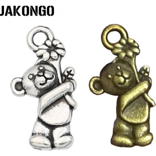 JAKONGO Antique Silver Plated Animals Bear Charms Pendants for Jewelry Making DIY Handmade Craft 19x10mm 20pcs/lot