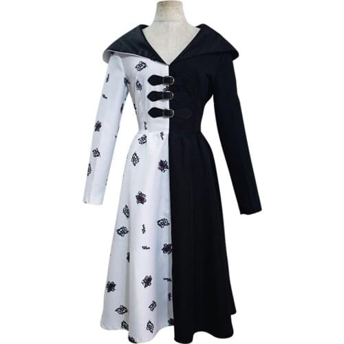 Cruella Cosplay Costume Black White Dress Outfits Halloween Carnival Suit
