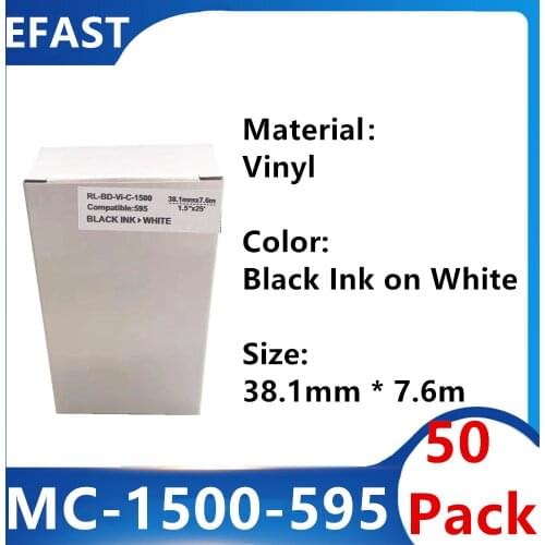 50 Pack MC 1500 595 Vinyl Label Ribbon Black On white For BMP-41 BMP-51 BMP-53 PC Linked Printer 38.1mm * 7.6m