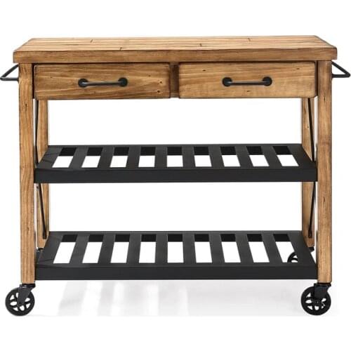 Multi-Functional Sideboard Cabinet with Wheels Solid Wood Kitchen Dining Cart Vintage Industrial Style Iron Small Dining Table