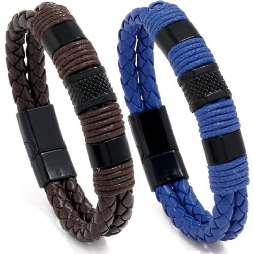 Fashion Hippie Men Leather Bracelet Handmade Braided Vintage Retro Rope Black Charm Bangle Magnetic Wrap Wristbands Punk Jewelry