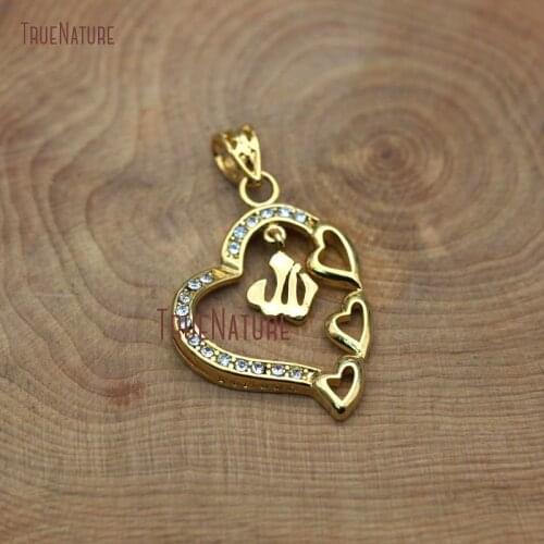 Muslim Prayer Allah Charm Gold Finish Love Heart Pendant Jewelry Clear Rhinestone Pave Micro Pendant In 25*34 mm PM6969