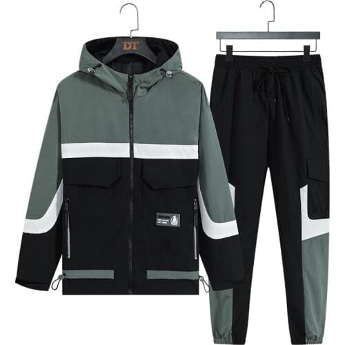 Mens Hooded Cargo Jacket Suit Men 2 Piece Set Men 2021 Spring New Fashion Tooling Jackets Black Jogging Sweatpants Suits Men