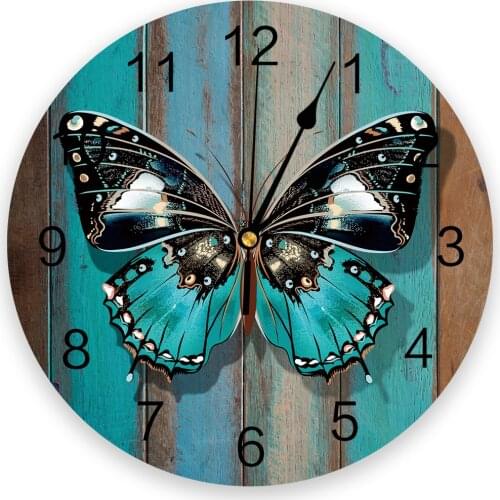 Wooden Texture Turquoise Butterfly Wall Clocks Home Decoration Silent Round Wall Watches for Home Living Room Kitchen Wall Decor