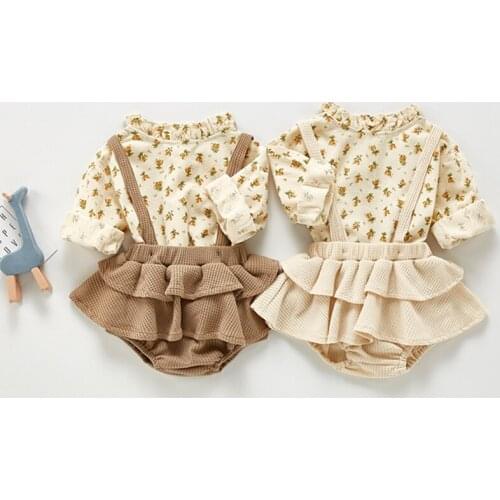 New 2021 Spring Korean Style Newborn Baby Girls Clothing Sets Floral Tops Ruffles Skirts 2pcs Toddlers Kids Suits