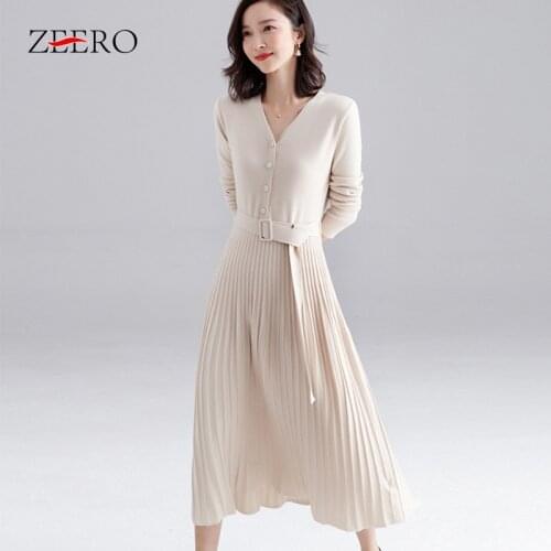 Autumn Winter Female Casual High Elasticity Base Warm Knit Dress Women V-Neck Single-breasted Long Sleeve Belt Pleated Dresses