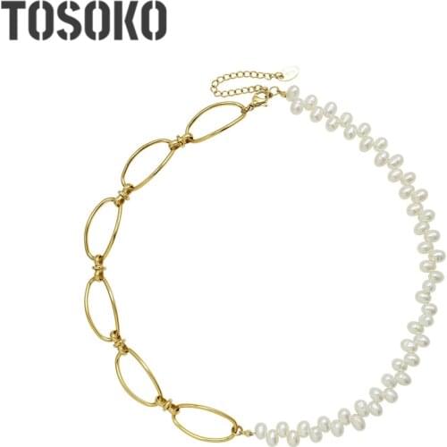 TOSOKO Stainless Steel Jewelry Oval Geometric Chain Retro Accessories Womens Elegant Freshwater Pearl Necklace BSP010