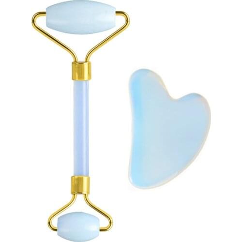Opalite Roller Face Lifting Tool Massager Natural Jade Facial Massage Roller Stone Guasha Board Wrinkle Removal Beauty Care Set