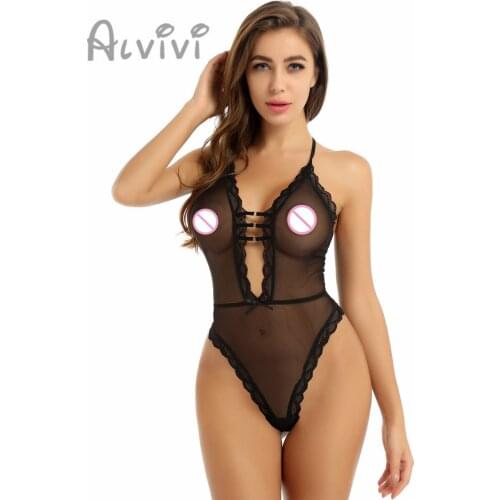 Sexy Women Erotic Lace Lingerie Bodysuit See-through Sheer Mesh Straps Back Lingerie Lace-up Trim Leotard Bodysuit Nightwear