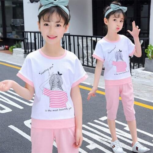 Summer Girls Clothes Sets Short Sleeve Tops Pants 2Pcs Girls Sports Suit Teen Children Clothing 5 6 7 8 9 10 12 13 Years