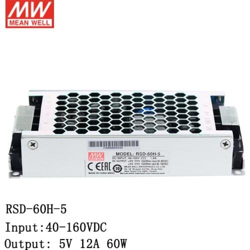 MEAN WELL RSD-60H-5 Input 40~160V DC to 5V DC 12A 60W Reliable Railway DC-DC Converter Switching Power Supply 5V Transformer